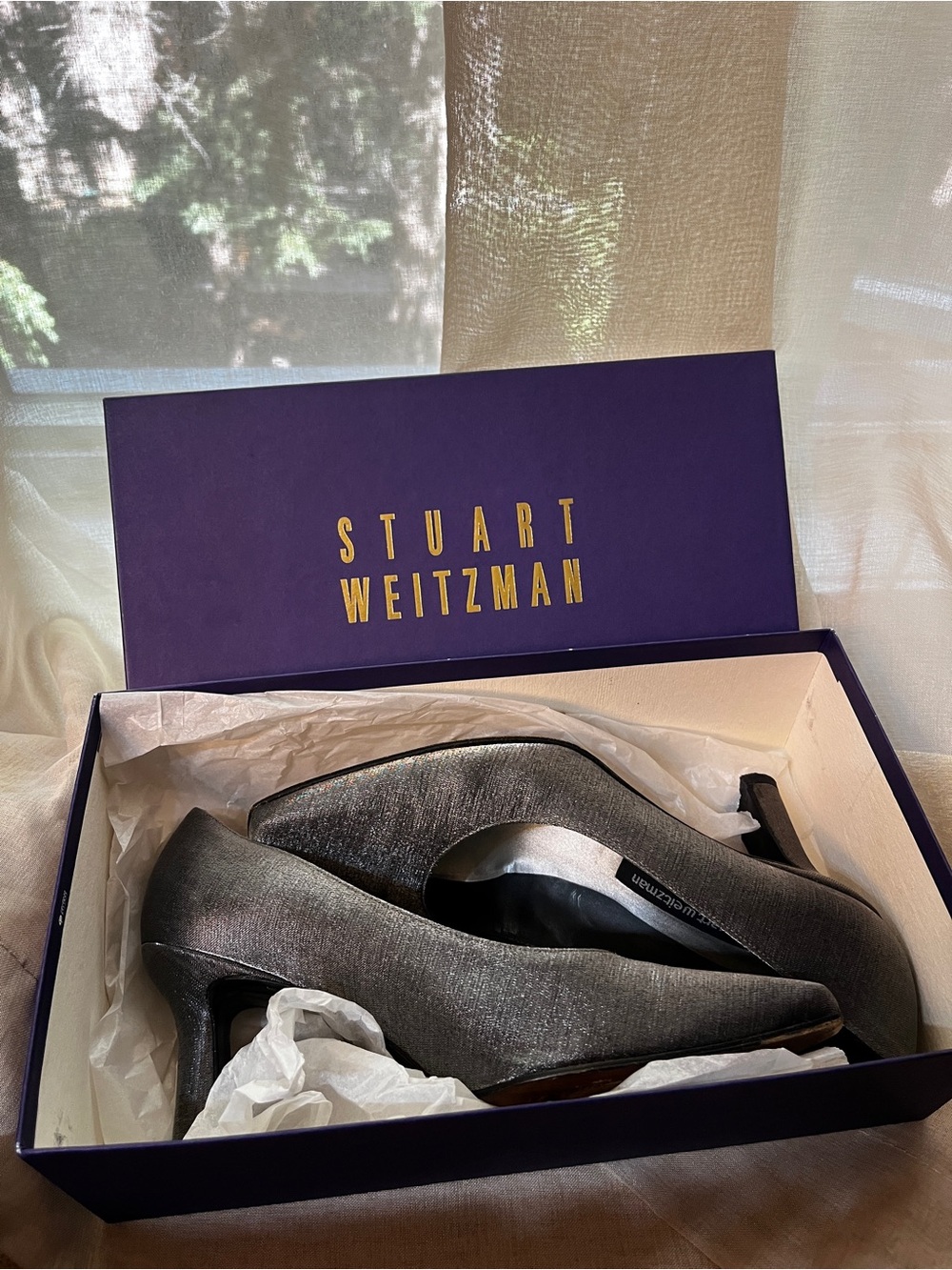 Vintage - Stuart Weitzman Gunmetal Satin Pointed Toe Pumps with Box and receipt